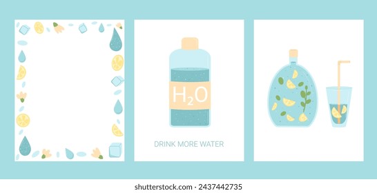 Beba más juego de tarjetas de agua. Colección de banner y marco de bebidas espumosas suaves. Mantente hidratado. Plástico libre, vidrio solamente. Ilustración plana vectorial.