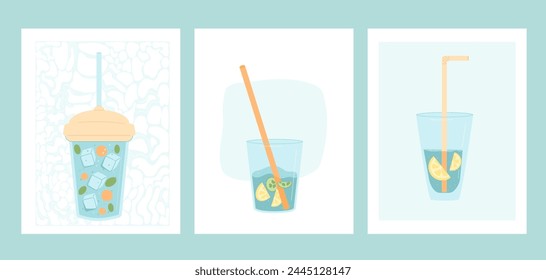 Drink more water card set. Glass of soft beverages banner collection. Stay hydrated. Vector aqua flat illustration.