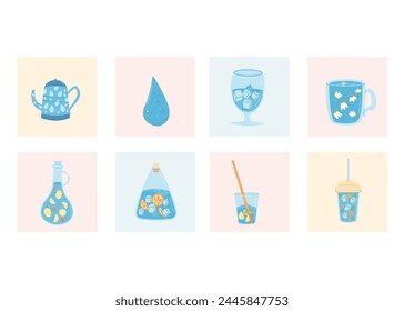 Beba más juego de tarjetas de agua. Bebidas espumosas suaves colección de Anuncio. Mantente hidratado. Plástico libre, vidrio solamente. Ilustración plana de Vector.