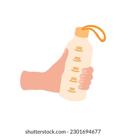 Drink more water. Cartoon water bottles  in a female hand. Sports bottle with liquids.The concept of a healthy lifestyle, water balance. Image for sports design, stickers, web design elements, banner 