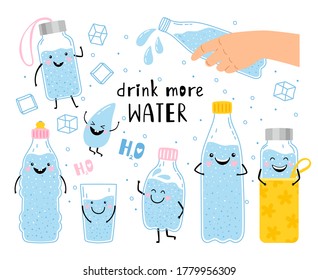 Drink more water. Cartoon characters of happy bottles with nature liquids, vector illustration concept of aqua balance for healthy and energy human body isolated on white background