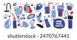 Drink more water. Cartoon stickers of drinking water, bottles, glasses of water in retro doodle style. Good habits, healthy lifestyle, stay hydrated. Trendy vector hippie groovy elements