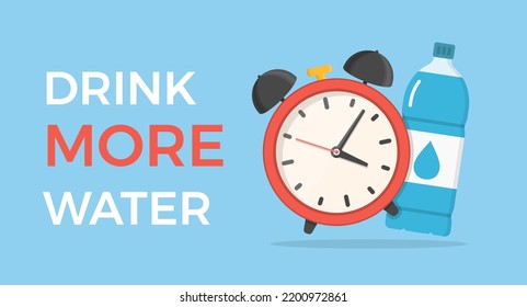 Drink more water concept - water bottle with alarm clock, vector eps10 illustration