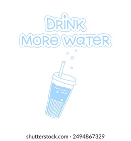 Drink more water concept. Water bottle square banner. Print for healthy lifestyle and health protection. Blue doodles tumbler on a white background. Water balance vector illustration.