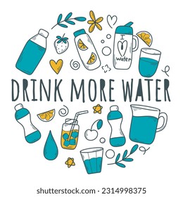 Tomar más concepto de agua. Ilustración del estilo Doodle del consumo de agua limpia. El diseño del círculo incluye texto, vidrio, botella, frasco, gotas de agua, ilustración vectorial