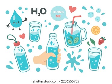 Beba más concepto de agua, beber agua en taza, botella de vidrio. Conjunto de botellas diversas, gafas de estilo dibujado a mano, hábitos diarios correctos, rituales matutinos. Cero desperdicio. Ilustración vectorial.