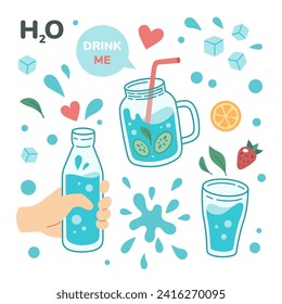Drink more water concept, drinking water in drinking glass, jar, glass bottle. Set of various bottles, glasses, correct daily habits, morning rituals. Zero waste. Hand drawn Vector illustration.