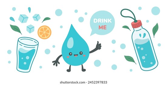 Drink more water concept, drinking water in glass, bottle. Water drop Kawaii character showing thumbs up. Cartoon style, correct daily habits, morning rituals. Zero waste. Vector illustration.