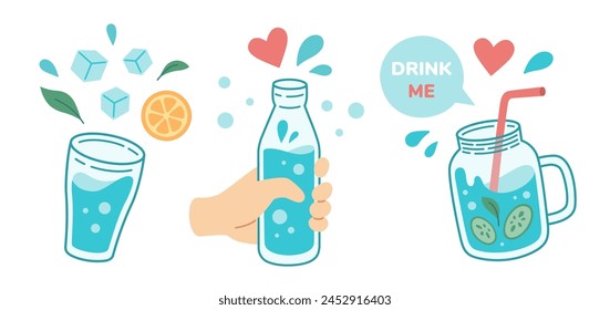 Drink more water concept, drinking water in drinking glass, jug, glass bottle. Correct daily habits, morning rituals, detox. Zero waste. Hand drawn Vector illustration.