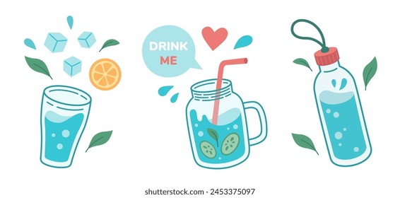 Drink more water concept, drinking water in drinking glass, jar, glass bottle. Correct daily habits, morning rituals, detox. Zero waste. Hand drawn Vector illustration.