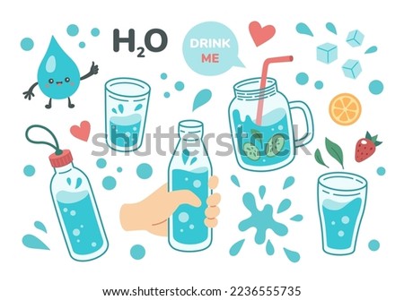 Drink more water concept, drinking water in mug, glass bottle. Set of various bottles, glasses in hand drawn style, correct daily habits, morning rituals. Zero waste. Vector illustration.