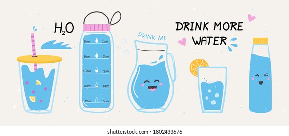 Drink more water concept. Eco friendly drink containers. Hand drawn trendy objects. Funny cartoon bottles. Alternative to plastic. Caring for the environment. Colorful Flat Vector Illustration