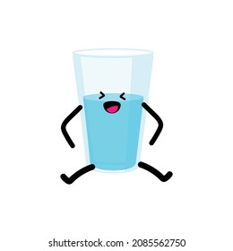 Drink more water concept. Glass of water. Cartoon kawaii face character.  Vector