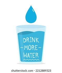 Drink more water concept with glass and water drop, vector eps10 illustration