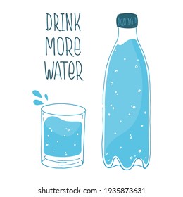 Drink more water concept. Pure drinking water in glass and bottle. Vector