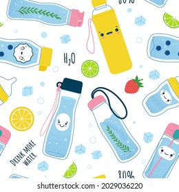 Drink more water concept. Seamless pattern in cute kawaii style. Vector illustration of plastic mug, glass bottle, thermos, jug, jar dispenser