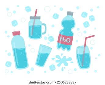 Drink more water concept set. Water in glass bottle, plastic bottle, glass, ice and water drops. Hand drawn vector illustration set.