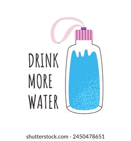 Drink more Water concept. Sports water bottle. Healthy lifestyle illustration. Pre-made poster or print template. Flat vector isolated on white background.