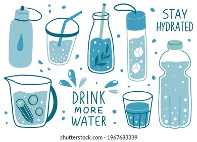 Drink more water concept. Stay hydrated. Drinking water in bottles, glass, flask. Hand written text, lettering. Flat hand drawn illustration. Healthy lifestyle daily habits, wellness, morning rituals