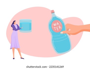 Trinken Sie mehr Wasser Konzept, Vektorgrafik, flache kleine Frau Charakter halten Glas mit frischem Wasser, riesige Handflasche für Menschen