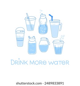 Drink more water concept.Water bottles square banner. Print for healthy lifestyle and health protection. Blue doodles on a white background. Water balance vector illustration. 