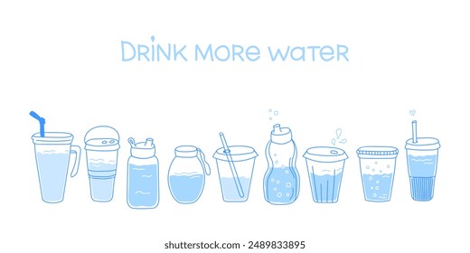 Drink more water concept.Water bottles horizontal banner. Print for healthy lifestyle and health protection. Blue doodles on a white background. Water balance cute vector illustration. 