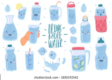 Drink more water. Cute drinking eco bottles characters, funny glasses with cartoon kawaii faces, detox and healthy lifestyle collection, clear aqua consumption call concept. Vector isolated doodle set