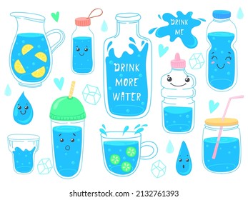 Beba más agua. El mundo de las bebidas de la tierra para la salud, el decantador de vidrio, las bebidas de litro de hielo, el afiche de pegatinas divertidas, la dieta de fitness, el dibujo de doodle ilustran bien los vectores. Frasco h2o del contenedor