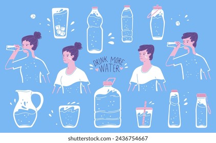 Drink more water design concept, vector illustration in flat cartoon style. Banner or poster about the importance of water balance. Male and female persons, people are thirsty, glasses and bottles