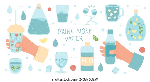 Beba más agua en diferentes recipientes establecidos aislados sobre fondo blanco. Bebidas frescas, limpias, espumosas y aún con sabor a fruta. Mantente hidratado. Ilustración plana vectorial.