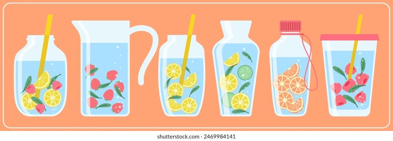 Drink more water, drinking water in a thermos and plastic mug, glass bottle. Vector set of various bottles, glass, flask in hand drawn style, correct daily habits, morning rituals. Zero waste