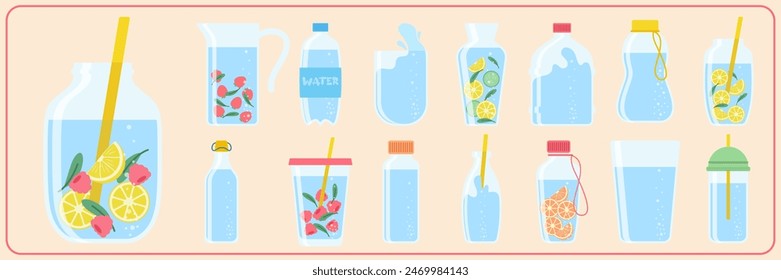 Drink more water, drinking water in a thermos and plastic mug, glass bottle. Vector set of various bottles, glass, flask in hand drawn style, correct daily habits, morning rituals. Zero waste