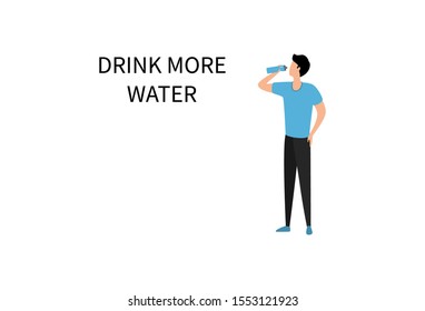 Drink more water. Fitness and healthy man drinks from a sports bottle after a workout. World Water Day. Web banner illustration. Flat vector illustration isolated on white background.