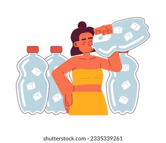 Drink more water flat concept vector spot illustration. Latina woman drinking from water bottle 2D cartoon character on white for web UI design. Stay cool isolated editable creative hero image