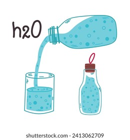 Drink more water. Glass with liquid splashes and drops. Vector set of various bottles, glass, flask in hand drawn style, correct daily habits, morning rituals. Zero waste