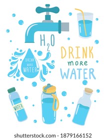 Drink more water. Glass only. Plastic free, zero waste concept. Various bottles, glass, flusk. Hand drawn doodle trendy vector illustartion isolated on white background