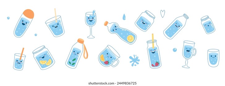 Drink more water. Glass only. Plastic free, zero waste concept. Various bottles, glass, flask. Hand drawn cute trendy vector illustration. All elements are isolated on white background