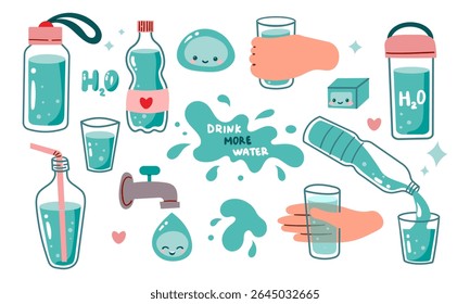 Drink more water. Glass only. Plastic free, zero waste concept. Various bottles, glass, flask. Hand drawn cute trendy vector illustration. All elements are isolated on white.