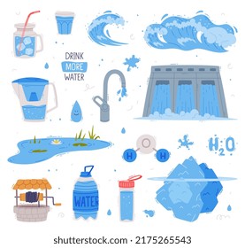 Drink More Water with H2O Pure and Clean Liquid in Bottle and Glass Vector Set