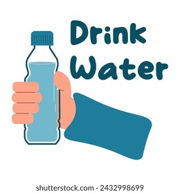 Drink more water. Hands hold containers of water. Vector illustration.
