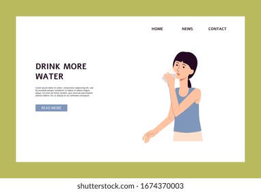 Drink more water - header of web banner for nutritionist or diet clinic, flat vector illustration on white background. Woman cartoon character in landing page mockup.