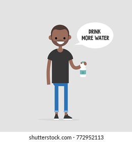 Drink more water. Helpful advice. Healthy lifestyle. Flat editable vector illustration, clip art. Young black character holding a plastic bottle