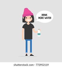 Drink more water. Helpful advice. Healthy lifestyle. Flat editable vector illustration, clip art. Young female character holding a plastic bottle