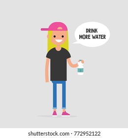 Drink more water. Helpful advice. Healthy lifestyle. Flat editable vector illustration, clip art. Young female character holding a plastic bottle