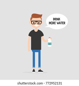 Drink more water. Helpful advice. Healthy lifestyle. Flat editable vector illustration, clip art. Young character holding a plastic bottle