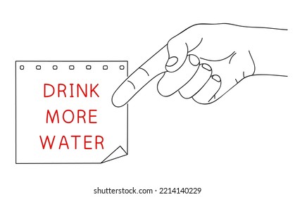 DRINK MORE WATER. Message on paper of health care and health lifestyle. Editable hand drawn contour. Sketch in minimalist style. Vector illustration