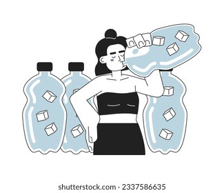 Drink more water monochrome concept vector spot illustration. Latina woman drinking from water bottle 2D flat bw cartoon character for web UI design. Stay cool isolated editable hand drawn hero image