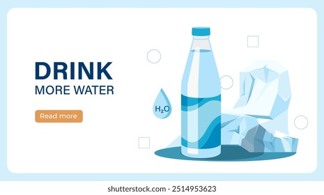 Drink more water poster. Pure and clean aqua in plastic bottle. Motivational and inspirational quote. Landing page design. Healthy lifestyle. Flat vector illustration isolated on white background