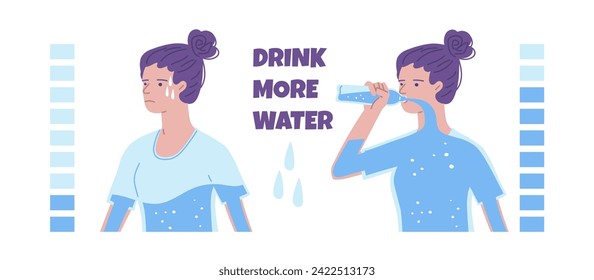 Drink more water poster. Vector flat illustration of woman showing dehydrated body and drinking water with water scale. Concept of dehydration and hydration, health care lifestyle