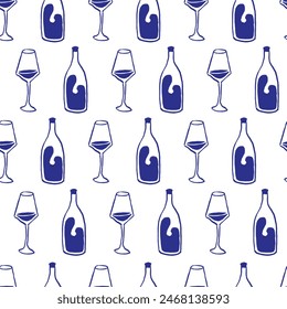 Drink more water seamless pattern , drinking in a glass, healthy rituals drink more water vector illustration set, glass bottle. Various bottles, glass, flask in hand drawn style modern isolated